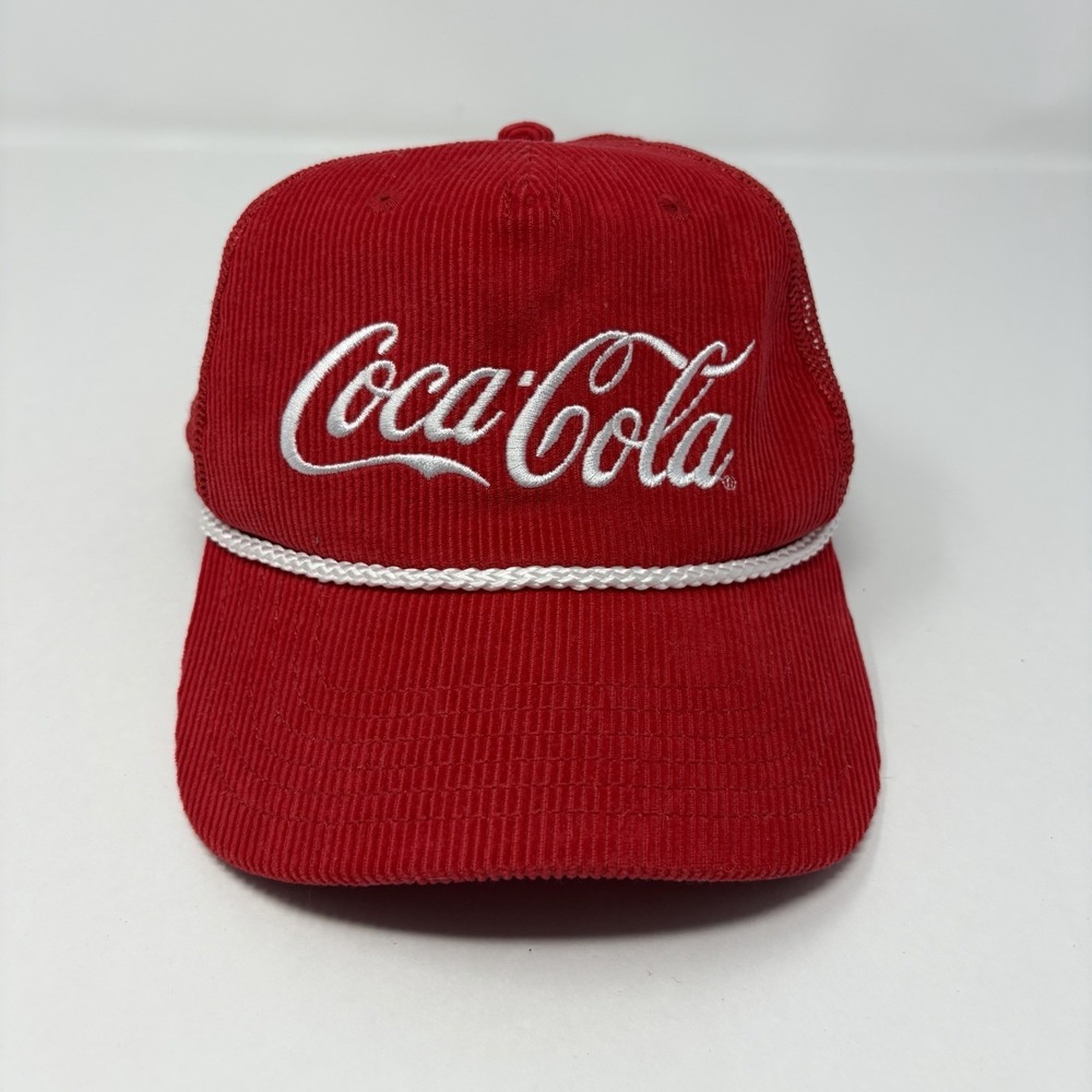 Coca Cola Script Logo Red Corduroy Snapback Rope Cap Hat